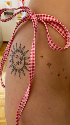 Hip Tattoos Women Sun And Moon, Moon And Stars Hip Tattoo, Upper Thigh Hip Tattoo Women, Tattoos On Upper Thigh, Sun And Moon Hip Tattoo, Moon Tattoo Hip, Sun Tattoo Hip, Matching Hip Tattoos, Cute Tramp Stamps