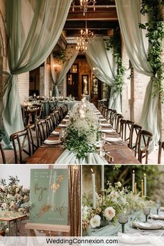 a collage of photos showing tables and chairs with flowers, candles, and greenery