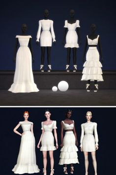 several mannequins dressed in white dresses and shoes