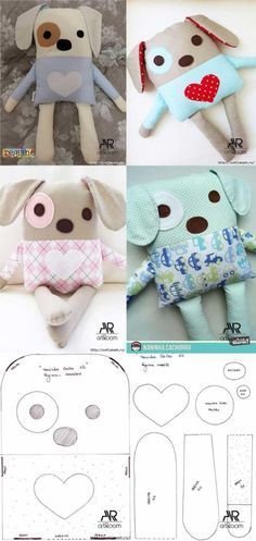 the instructions for how to make a stuffed dog with different shapes and sizes, including hearts