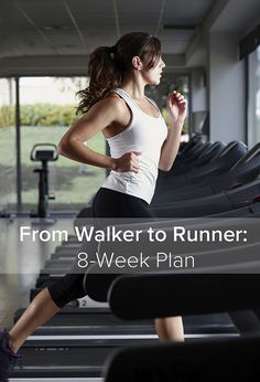 a woman running on a treadmill with the words from walker to runner 8 - week plan