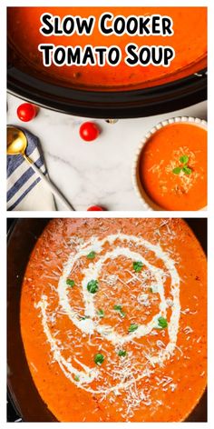 two pictures showing how to make slow cooker tomato soup