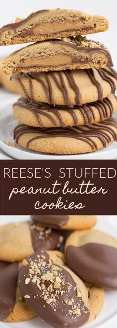 there are several cookies stacked on top of each other and the words reese's stuffed peanut butter cookies