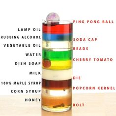 a tall glass filled with different colored liquids