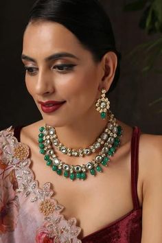 Shop for Paisley Pop Kundan Layered Necklace Jewellery Set Online at Aza Fashions Layered Necklace Set, Jewellery Set, Buy Gold, Layered Necklace, Gold Floral, Floral Motifs, Green Stone, Aza Fashion, Floral Motif