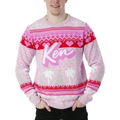 Get ready to sleigh your holiday style with the Ken Barbie Christmas Jumper for Men! This eye-catching bright pink knitted sweater is the perfect way to stand out at any holiday gathering. Its whimsical design features charming snowflakes, hearts, palm trees, and Christmas trees in various shades of pinks and whites, making it a festive must-have. It's not just stylish; it's also soft and cozy, perfect for keeping you warm during those chilly winter nights. Plus, the iconic 'Ken' logo emblazoned Barbie Merchandise, Jumper For Men, Barbie Sweatshirt, Barbie Christmas, Ken Barbie, Barbie Top, Mens Sweaters, Pull Rose, Christmas Barbie