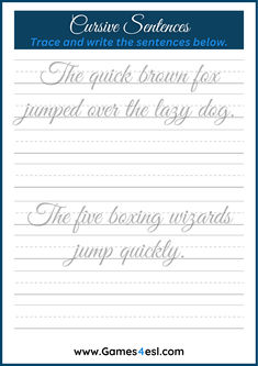 cursive handwriting worksheet with the words trace and write the sentence below