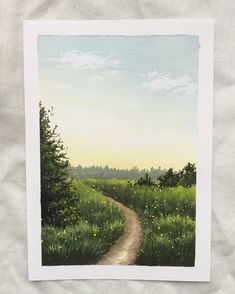 a painting of a dirt road in the middle of a field with wildflowers