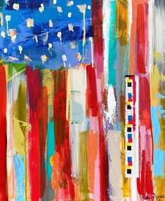 an abstract painting with red, white and blue colors