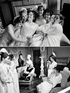 black and white photos of women in dresses sitting on couches, one with her arms around the other's neck