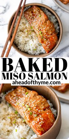 baked miso salmon served with rice and chopsticks