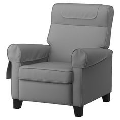 a gray recliner chair sitting on top of a white floor