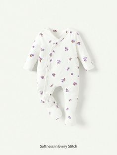 Purple  Collar Long Sleeve Knitted Fabric Plants,All Over Print Baby Sleepsuit Embellished High Stretch  Baby Girls Clothing Fabric Plants, Baby Snacks, Purple Collar, Cotton Plant, Baby Pajamas, Soft Floral, Baby Outfits Newborn, Girls Pajamas