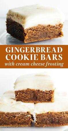 gingerbread cookie bars with cream cheese frosting are on a white plate and have been cut in half