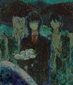 a painting of a man holding food in front of other people standing behind him and looking at the camera