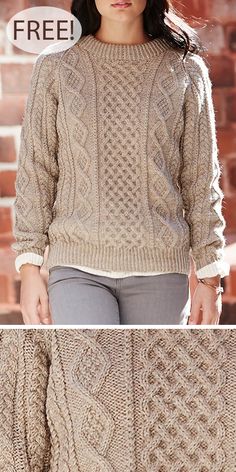 a woman wearing a sweater and jeans with the words free knitting pattern on it, in front of a brick wall