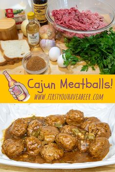 the ingredients for cajun meatballs are shown in this collage with text overlay