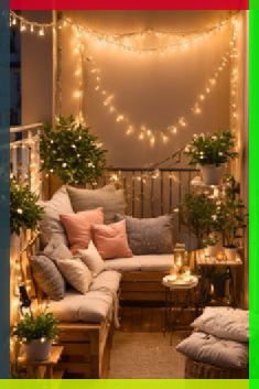 the balcony is decorated with christmas lights and potted plants