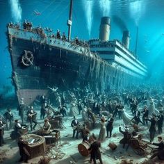 an underwater scene with many people on the ocean floor and large ship in the background