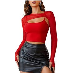 Material: Crafted From Sheer Mesh Fabric, This Long Sleeve Crop Top Exudes Allure And Sexiness. On The Other Hand, The Cami Top Is Designed With A Thick And Durable Fabric To Ensure It Is Not Easily See-Through Or Revealing. Both Tops Are Stretchy, Soft, Lightweight, And Breathable, Providing Ultimate Comfort. Two Piece Crop Top Outfitsfashionable And Trendy, This 2-Piece Clubwear Set Features A Solid Crop Top And A Cami Top. The Mesh Sheer Design Adds A Touch Of Allure, While The Long Sleeves W Red Crop Top With Spaghetti Straps For Party, Fitted Red Mesh Top For Spring, Red Long Sleeve Sheer Top, Red Mesh Top For Spring, Elegant Red Spaghetti Strap Top, Red Casual Tops For Club, Red Stretch Cami Top, Red Fitted Crop Top For Club, Fitted Red Crop Top For Club