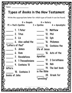 the types of books in the new testament worksheet with answers and examples for kids