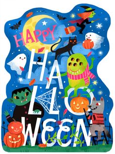 a happy halloween card with cats, bats and pumpkins