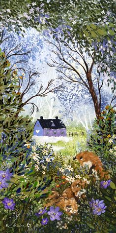 a painting of a house in the woods with trees and flowers around it's edges