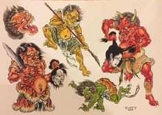 an assortment of japanese tattoos on a piece of paper with wood flooring in the background