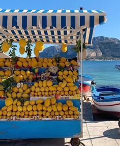 a fruit stand with lemons and oranges for sale