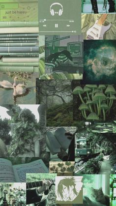 a collage of various images including trees, plants and music equipment in shades of green