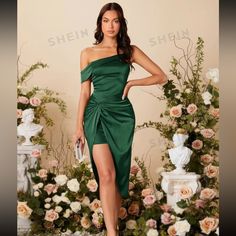 Shein Belle Asymmetrical Neck Twist Dress Size: Xs New With Tags Vestidos Color Verde Esmeralda, Bridesmaid Dresses Short, Short Green Dress, Preppy Prom, Shein Brasil, Business Formal Dress, Twisted Dress, Formal Dresses Gowns, Shein Dress