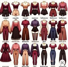 an image of different types of clothes for women in the style of anime character costumes