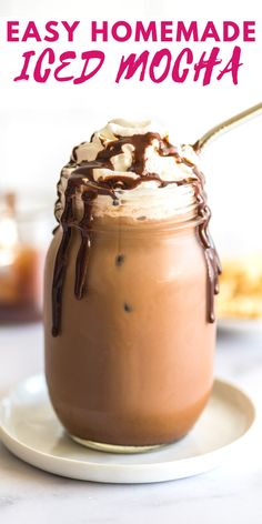 homemade iced mocha in a jar on a plate with the text easy homemade iced mocha