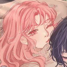 two anime characters with pink hair and blue eyes, one is kissing the other's forehead