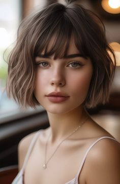 Textured French Bob with Straight Bangs Chin Length French Bob, Messy French Bob, Bob With Straight Bangs, Haircut Ideas Brown Hair, Vintage Bangs, Hair Cuts 2017, Chin Length Cuts, Short Wavy Haircuts, Bob Haircut For Round Face