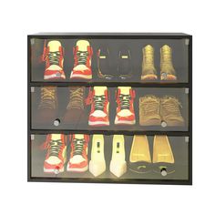 a display case filled with lots of different types of shoes on it's sides