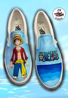 Custom One Piece Vans made to order! www.29customs.com All completed Vans will be water and weather-proofed as well as able to move and bend freely without any cracking of the paint or creasing. Message me through Etsy or Instagram (29.customs) to discuss your design. **Please include your size** (men's, women's, and children sizes available). Also, please double check your mailing address on your profile before ordering! If you have a specific idea on adjustments to the design, feel free to message me and include any photo references!  Price varies from style of shoe (ie: Slip-ons and authentic lace-ups cost $55 before tax which is included in price, the extra cost for styles of Vans that cost more will be added to your total, such as Old- skool Vans that cost $65 before tax, so $10 is ad Custom Vans Shoes, Custom Vans, Gifts Personalized, Monkey D Luffy, Vans Shoes, Athletic Shoes, Shoes Sneakers, Bathing Beauties, Accessory Gift