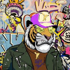 a painting of a tiger wearing a baseball cap and jacket with graffiti on the wall behind it