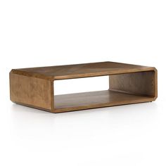 a wooden coffee table sitting on top of a white floor