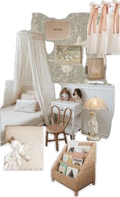 a collage of photos with dolls and furniture in it, including a canopy bed