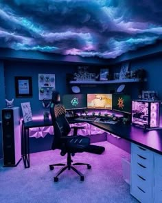 a room with purple lighting and various computer screens on the wall, along with two desks