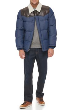 Crafted from cozy corduroy, this rugged quilted jacket gets iconic Western style from a faux-shearling collar and faux-leather trim at the yoke and pockets. 30" length (size Medium) Zip and snap placket Rib-knit inset cuffs Lined 100% cotton; 100% polyester faux shearling and faux leather Machine wash, tumble dry Imported Winter Denim Outerwear For Cold Weather, Winter Denim Jacket With Button Closure, Winter Cotton Quilted Jacket With Pockets, Fall Cotton Puffer Jacket With Padded Collar, Winter Denim Outdoor Outerwear, Winter Outdoor Denim Outerwear, Casual Dark Wash Winter Outerwear, Winter Cotton Quilted Jacket For Cold Weather, Casual Dark Wash Outerwear For Winter