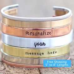 Make your personalized cuff bracelet meaningful. Made to fit just for you - choose your metal type, finish, length, and font style and we'll create it uniquely just for you. Wide variety of metal types - choose between aluminum, brass, copper, bronze, nickel, NuGold or sterling silver to create the perfect look to match your style. With our deep engrave process, we can personalize your cuff bracelet to say anything you'd like, and even feature your own handwriting. Our premium process is much de Moh Gift, Personalized Cuff Bracelets, Custom Cuff Bracelet, Mens Cuff Bracelets, Customized Bridesmaid Gifts, Coordinates Bracelet, Wedding Cuff, Mens Cuff, Custom Bracelet