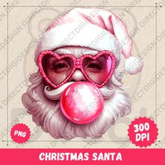 a santa claus with heart shaped glasses and a bubble gum