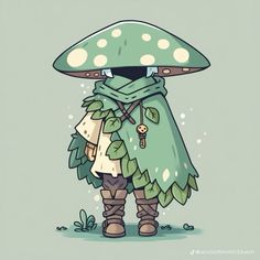 a cartoon character is standing in front of a mushroom with leaves on it's head