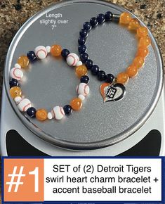 "❤️Detroit Tigers Baseball Themed Jewelry Gifts: Assorted Detroit Tigers baseball jewelry is made with love and care at the ByDarling Shop.  Beaded bracelets made with 1mm stretchy band.  Perfect gift for yourself or the Tigers baseball fan in your life.  Are you ready for baseball?  Bracelets range between 6.5\" - 7.25\" in length.  Wear these alone or create your own fun bracelet stack to support your Tigers! 📌Details: * ByDarling creations * custom orders accepted via email * one of a kind g Baseball Bracelets, Heishi Jewelry, Baseball Jewelry, Baseball Bracelet, Tiger Jewelry, Sport Theme, Baseball Crafts, Detroit Tigers Baseball, Tigers Baseball