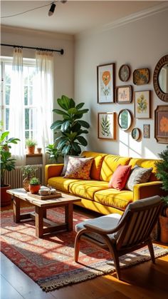 a living room filled with furniture and lots of plants on the wall next to a window