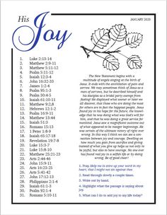 an open bible page with the word, his joy and leaves in blue on it