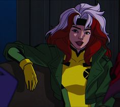 an animated woman with red hair and green jacket standing in front of a wall wearing yellow gloves