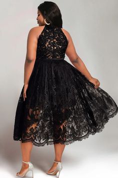 Xpluswear Design Plus Size Party Black Halter Collar See Through Lace Midi Dresses Fall Cocktail Dress, Black Tie Event Dresses, Black Chiffon Dress, Plus Size Party, Fashion Fail, Halter Midi Dress, Plus Size Black, Black Halter, Dresses Ideas